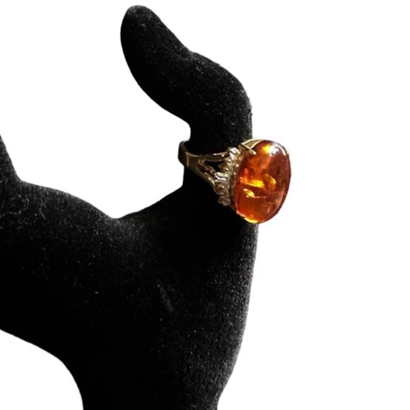 Vintage 14k Gold Plated Amber And CZ Ring - Picture 1 of 8